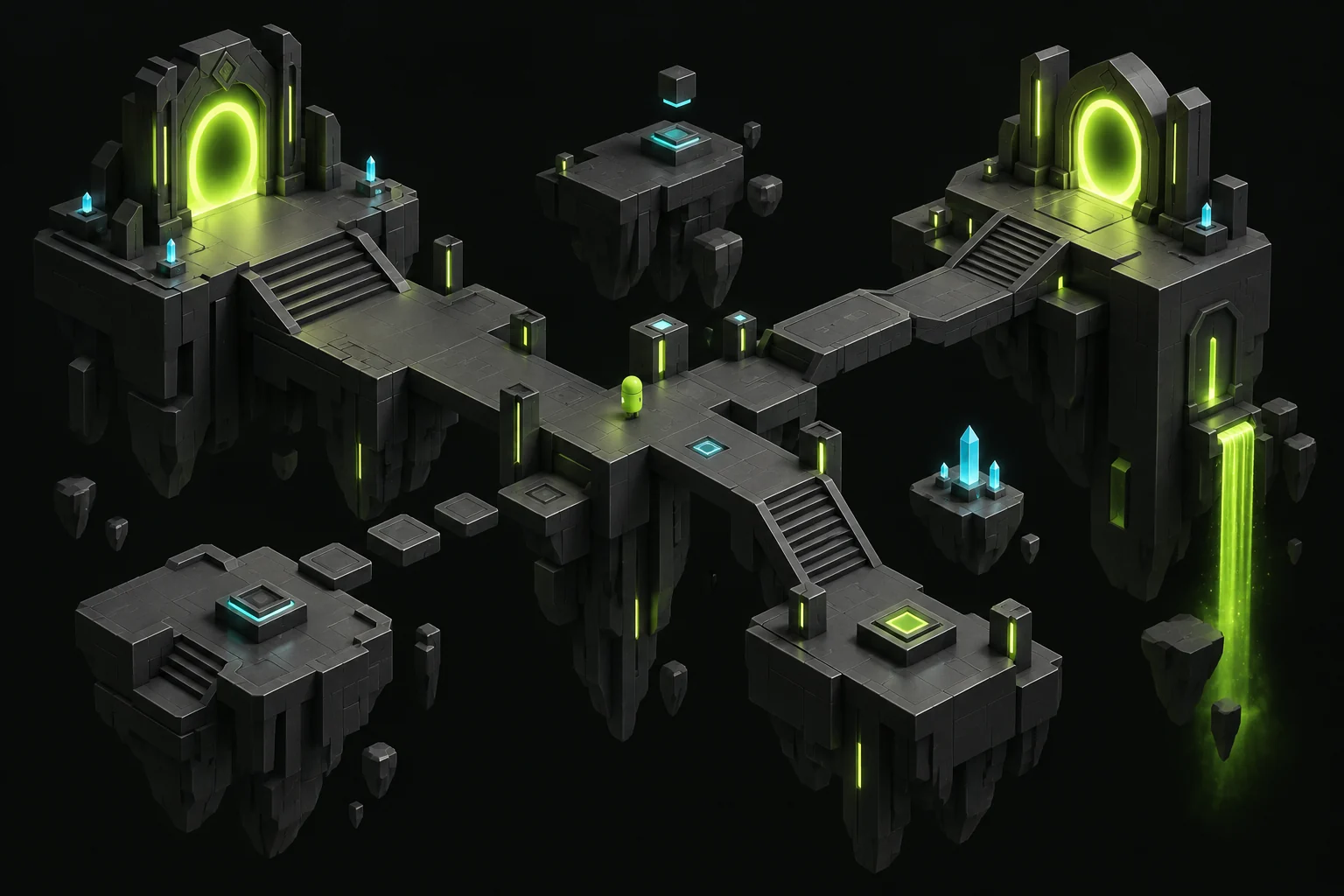 An isometric game world with floating platforms and a glowing green portal